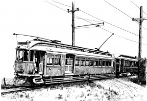 Black and white line drawing of the Estacada Trolley, by Tim Muir