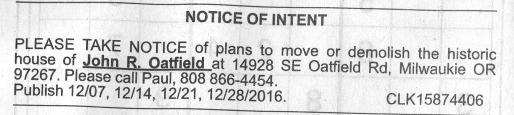 Philip Oatfield House demolition Notice of Intent (Clackamas Review 12-28-2016)