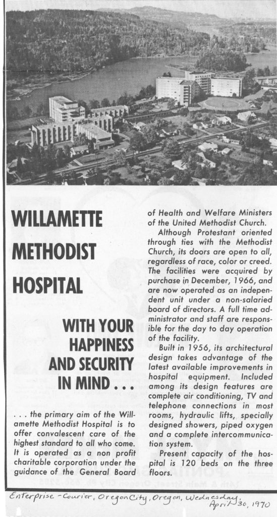 1970 newspaper advert for Willamette Methodist Hospital