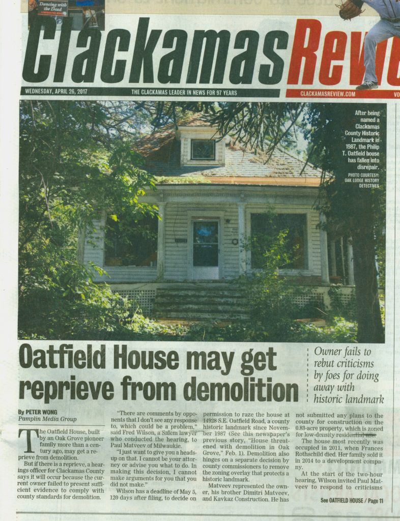 Image of Clackamas Review front page cover story - Oatfield House Reprieve, page 1